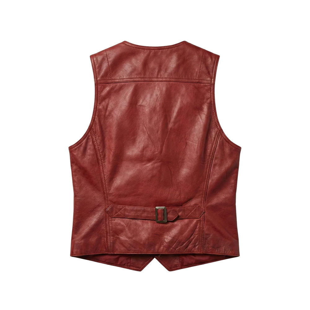 Back view of women’s burgundy leather waistcoat showing shoulder yoke, shaped seams and adjustable buckle strap
