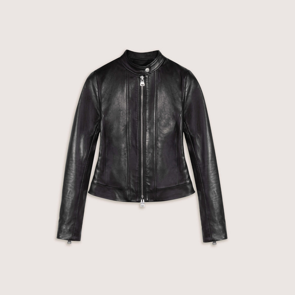 Flat front view of women’s black café racer jacket showing center zip and sculpted panels