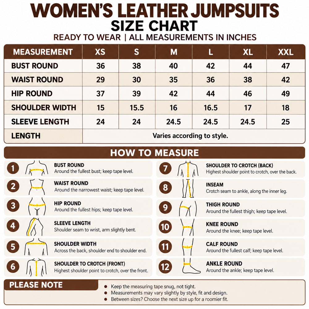 XS–XXL size chart for women's leather jumpsuits, with measurements in inches and illustrated body-measuring steps.