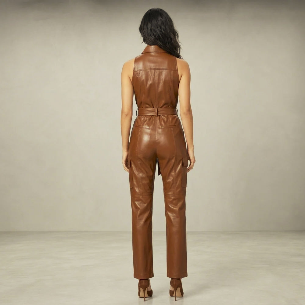 Back view of a cognac leather utility jumpsuit with a shoulder yoke, waist belt, welt-style details and straight legs.