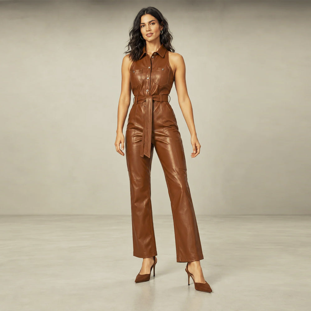 Front view of a women's cognac leather jumpsuit with a sleeveless collared bodice, tie belt and wide legs.