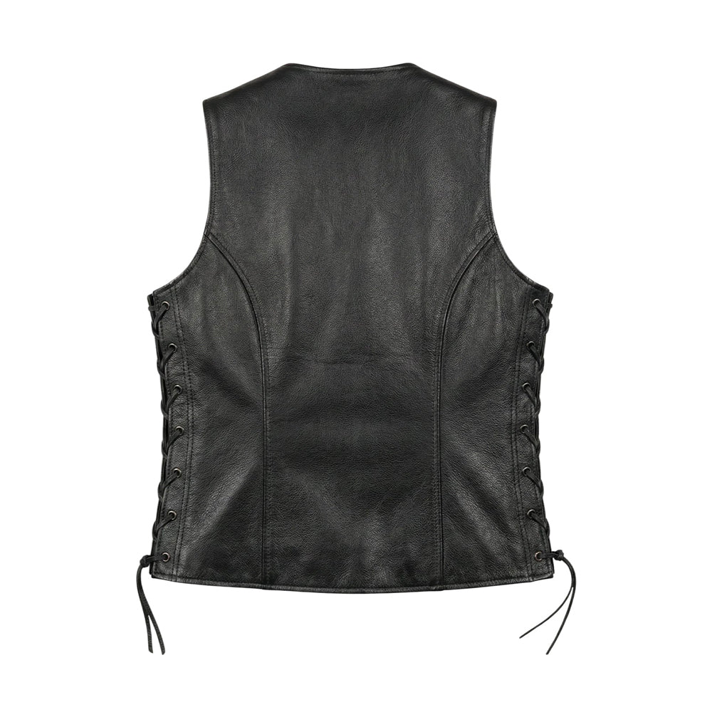Back view of women’s black cowhide moto waistcoat showing uninterrupted rear panel, curved contour seams and adjustable laced sides