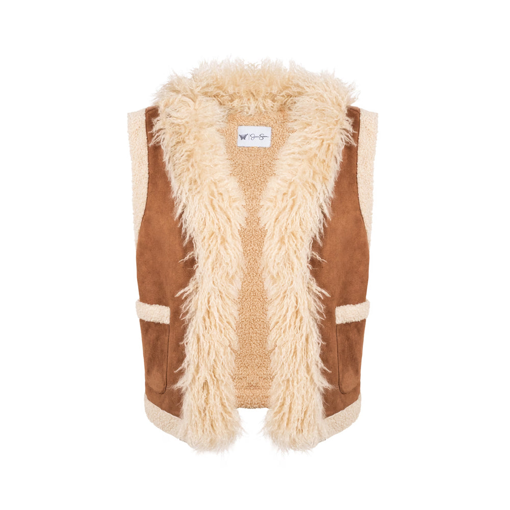Flat front view of women’s goatskin suede vest with cream fur lining, shaggy facing and two patch pockets