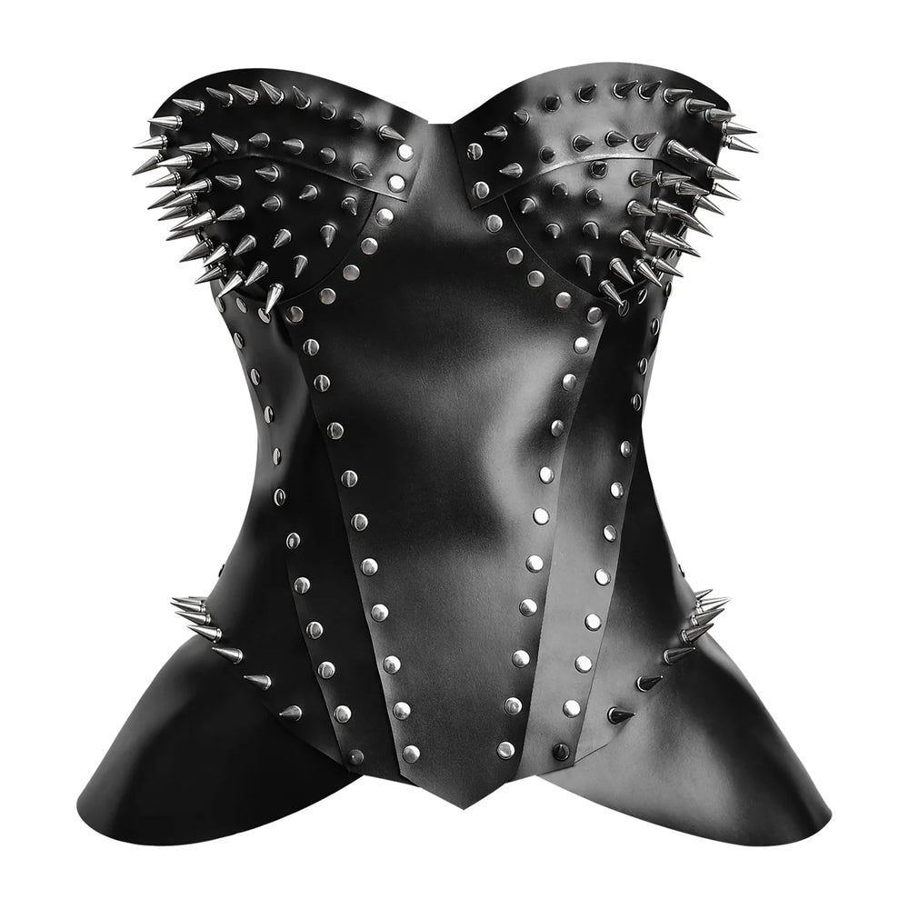Front view of women's gothic spiked black leather overbust corset top featuring sweetheart bust and peplum hem.