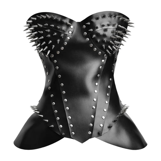 Front view of women's gothic spiked black leather overbust corset top featuring sweetheart bust and peplum hem.