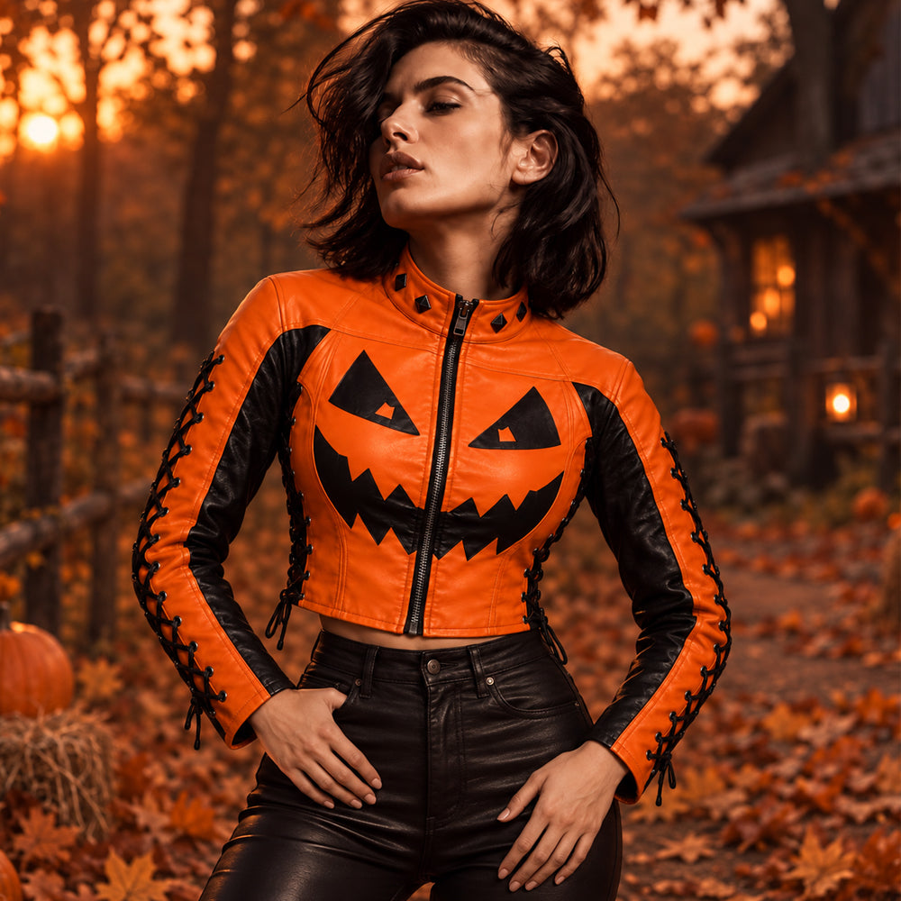 Woman wearing cropped orange jack-o’-lantern leather jacket with black pumpkin-face inlay