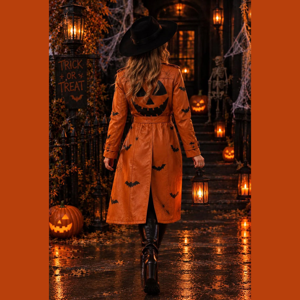 Rear view of women’s orange leather trench coat with oversized black jack-o’-lantern face