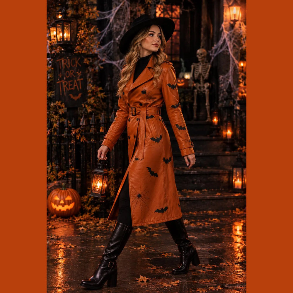 Side walking view of women’s knee-length gothic orange leather trench coat with cuff straps