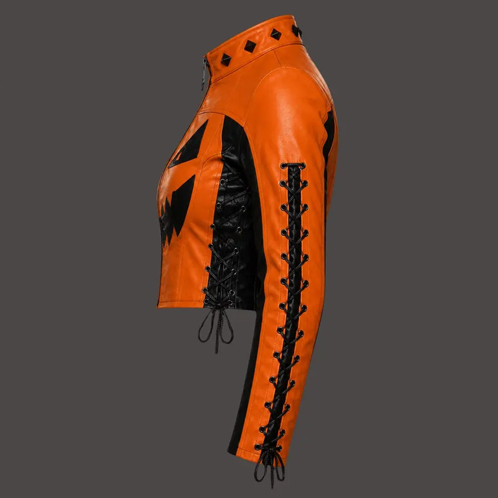Side view of women’s orange Halloween moto jacket showing black sleeve lacing and metal eyelets