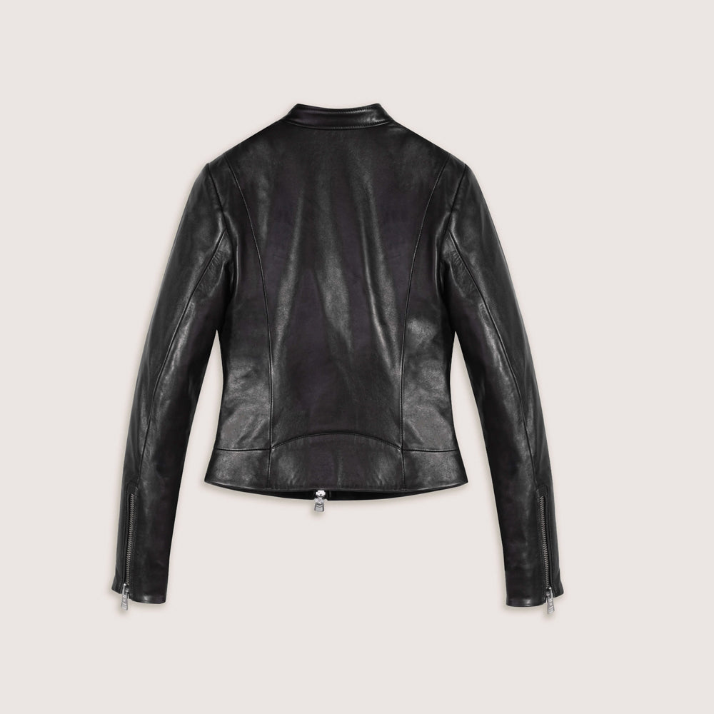 Flat back view of women’s leather moto jacket with tapered contour seams and curved hem panel