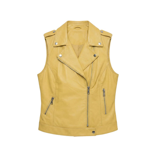 Front view of women’s mustard yellow sheepskin leather biker vest with asymmetrical zipper, snap lapels, epaulettes and two zip pockets