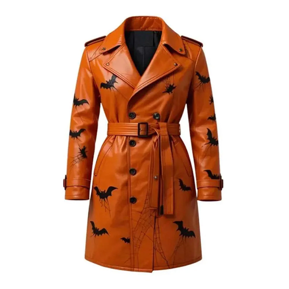Front view of women’s orange knee-length leather trench coat with black bats, spiderwebs and belted waist