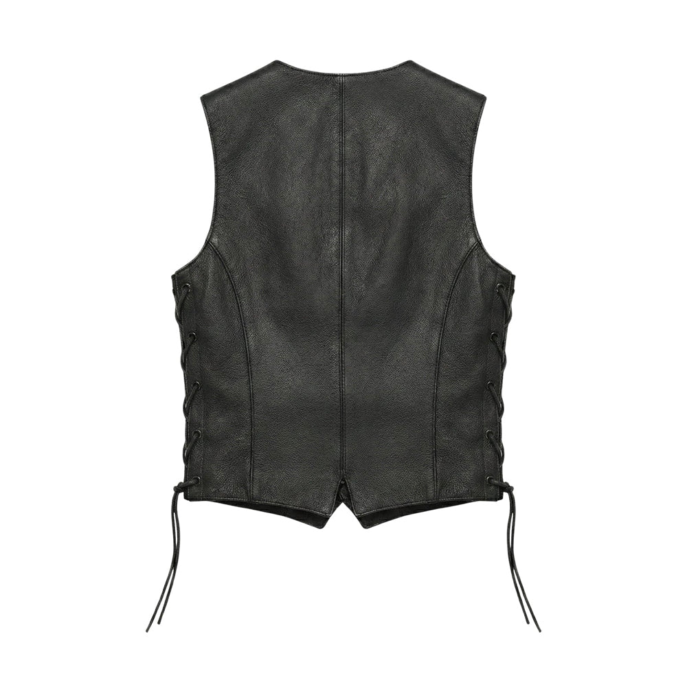 Back view of women’s pebbled black leather biker waistcoat showing center seam, curved contour panels, eight eyelets and split hem