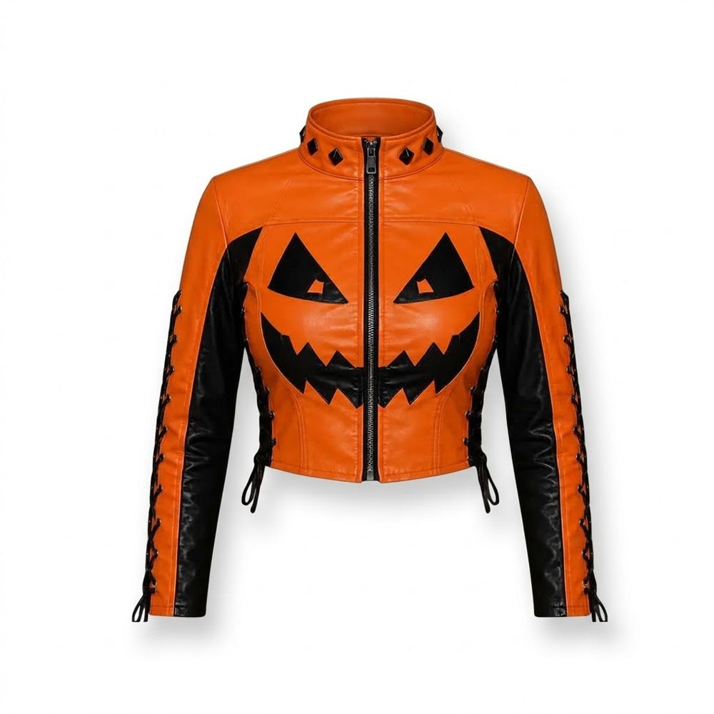 Front view of women’s orange pumpkin-face leather jacket with studded collar and lace-up sleeves