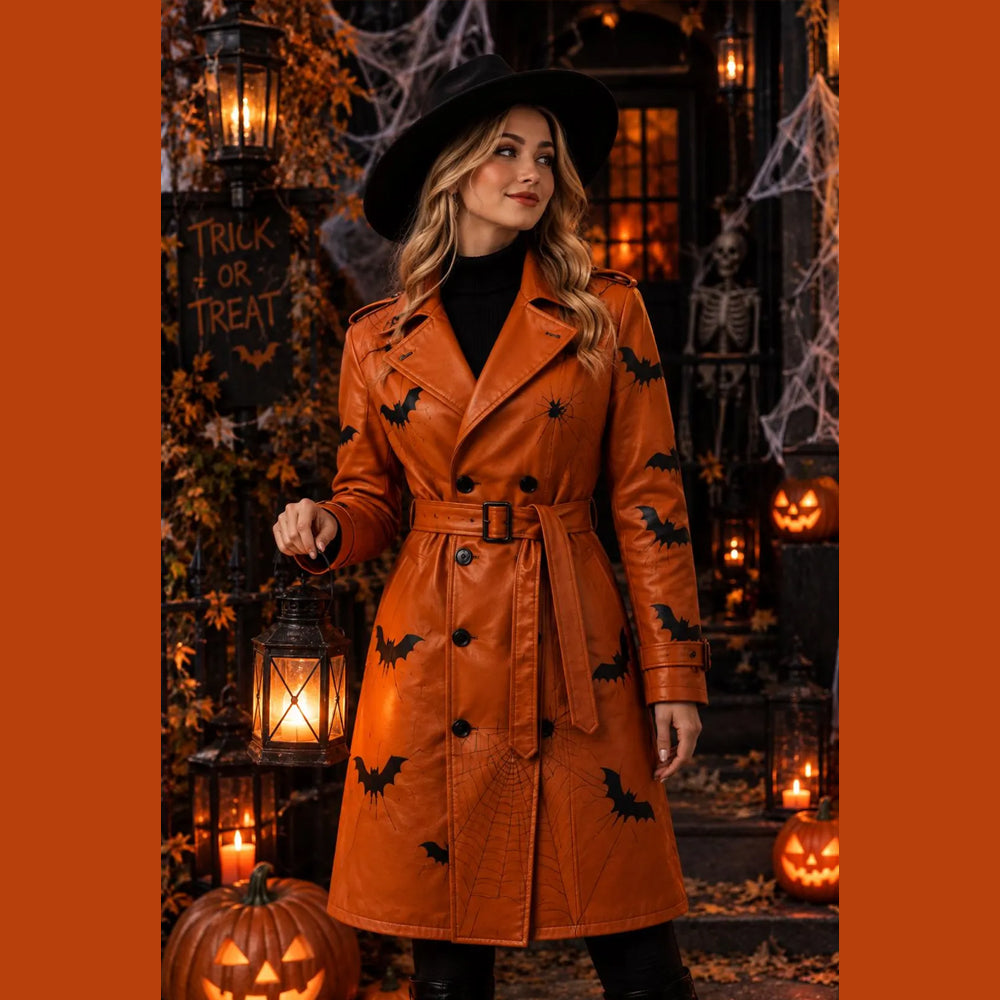 Woman wearing pumpkin-orange Halloween leather trench coat with bats, spiders and wide lapels
