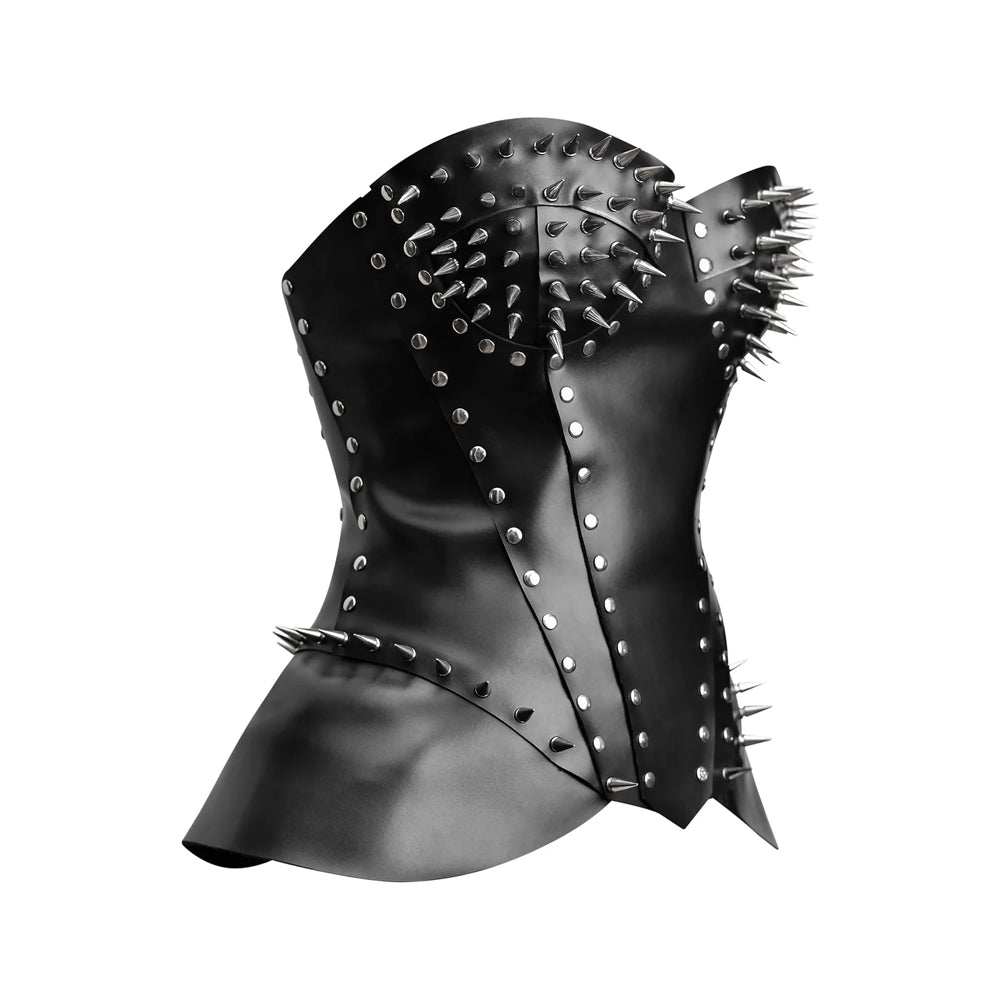 Three-quarter angled view of women's punk rock studded black leather overbust bustier with metal cone spikes.