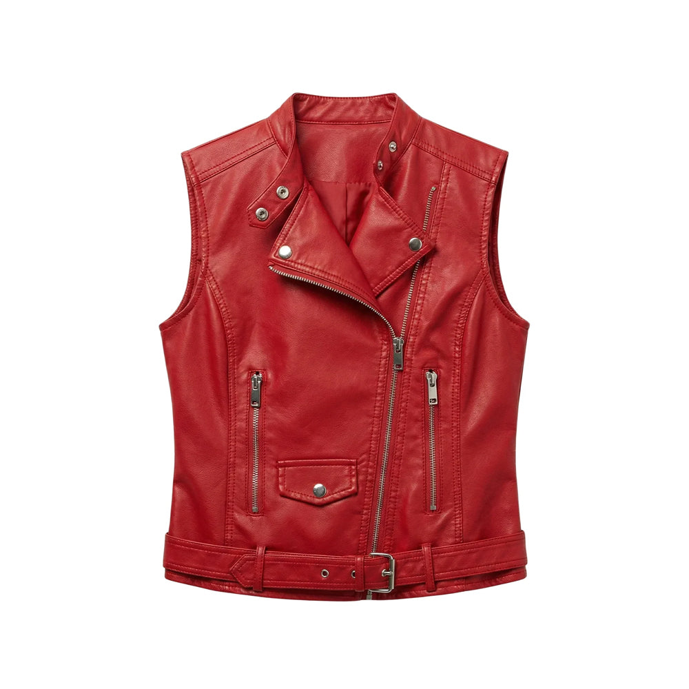 Front view of women’s red sheepskin leather biker vest with asymmetrical zipper, snap lapels, four pockets and waist belt