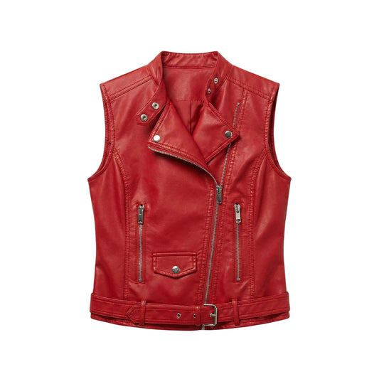 Front view of women’s red sheepskin leather biker vest with asymmetrical zipper, snap lapels, four pockets and waist belt