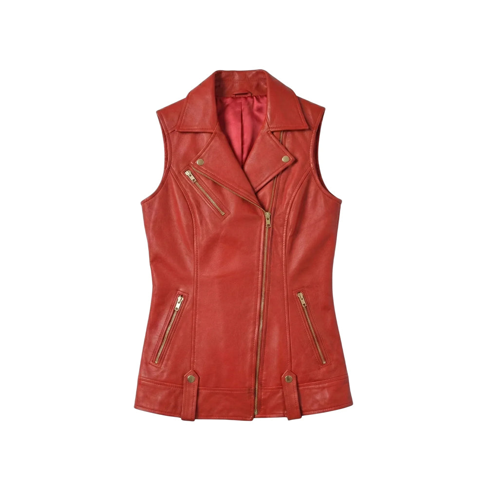 Front view of women’s red sheepskin leather moto vest with asymmetrical zipper, snap lapels, three zip pockets and gold-tone hardware