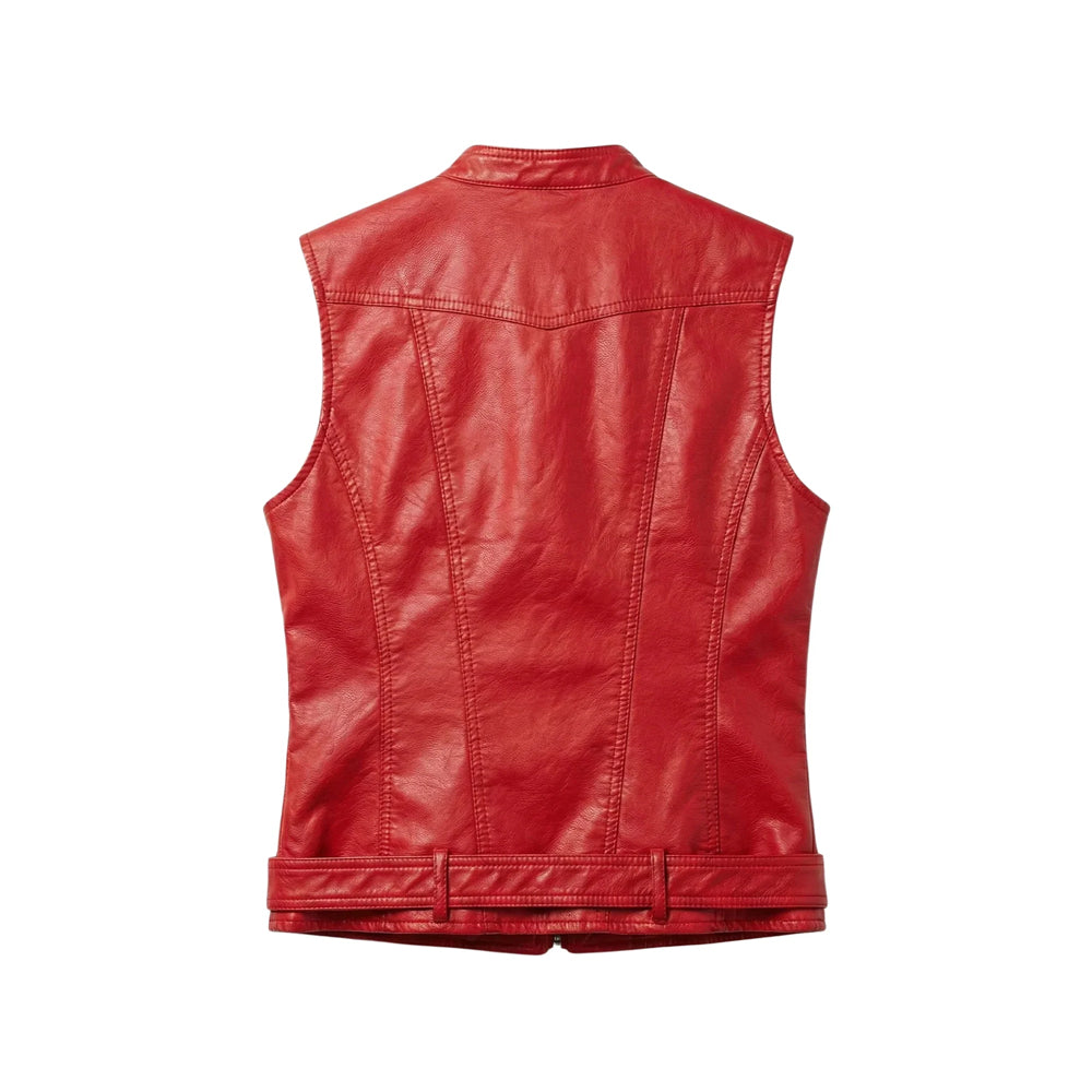 Back view of women’s red moto leather vest showing curved shoulder yoke, contoured vertical seams and belted waist