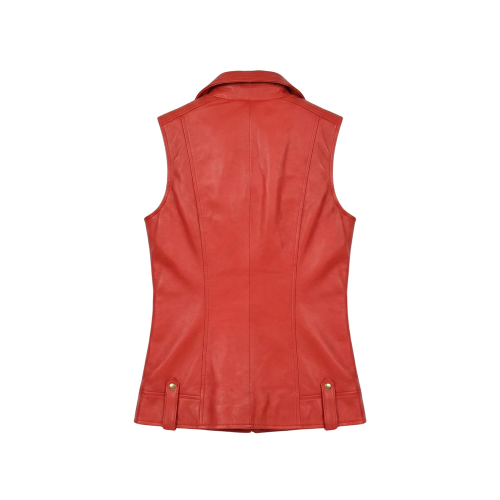 Back view of women’s red leather biker vest showing center seam, curved contour panels, hip-length cut and paired snap-tab accents