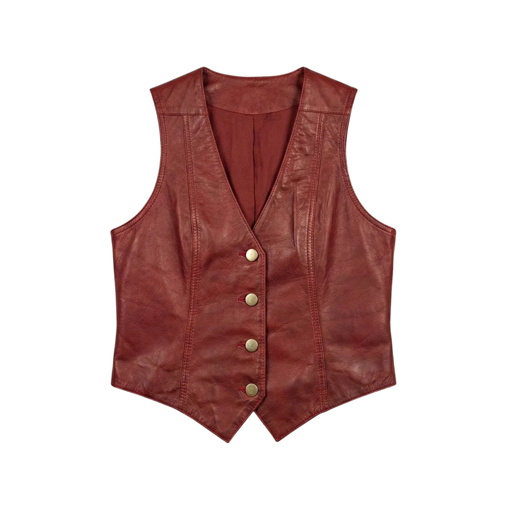 Front view of women’s deep-red sheepskin leather vest with V-neck, four antique-brass snap buttons and pointed hem