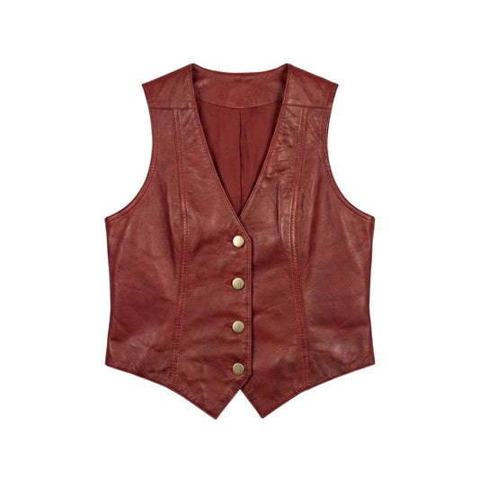 Front view of women’s deep-red sheepskin leather vest with V-neck, four antique-brass snap buttons and pointed hem