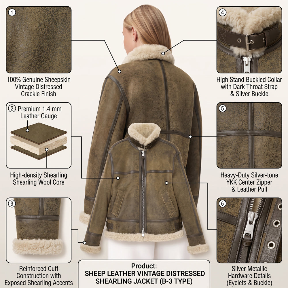 Infographic schematic showing 6 key craftsmanship features of women's olive distressed B3 shearling jacket.