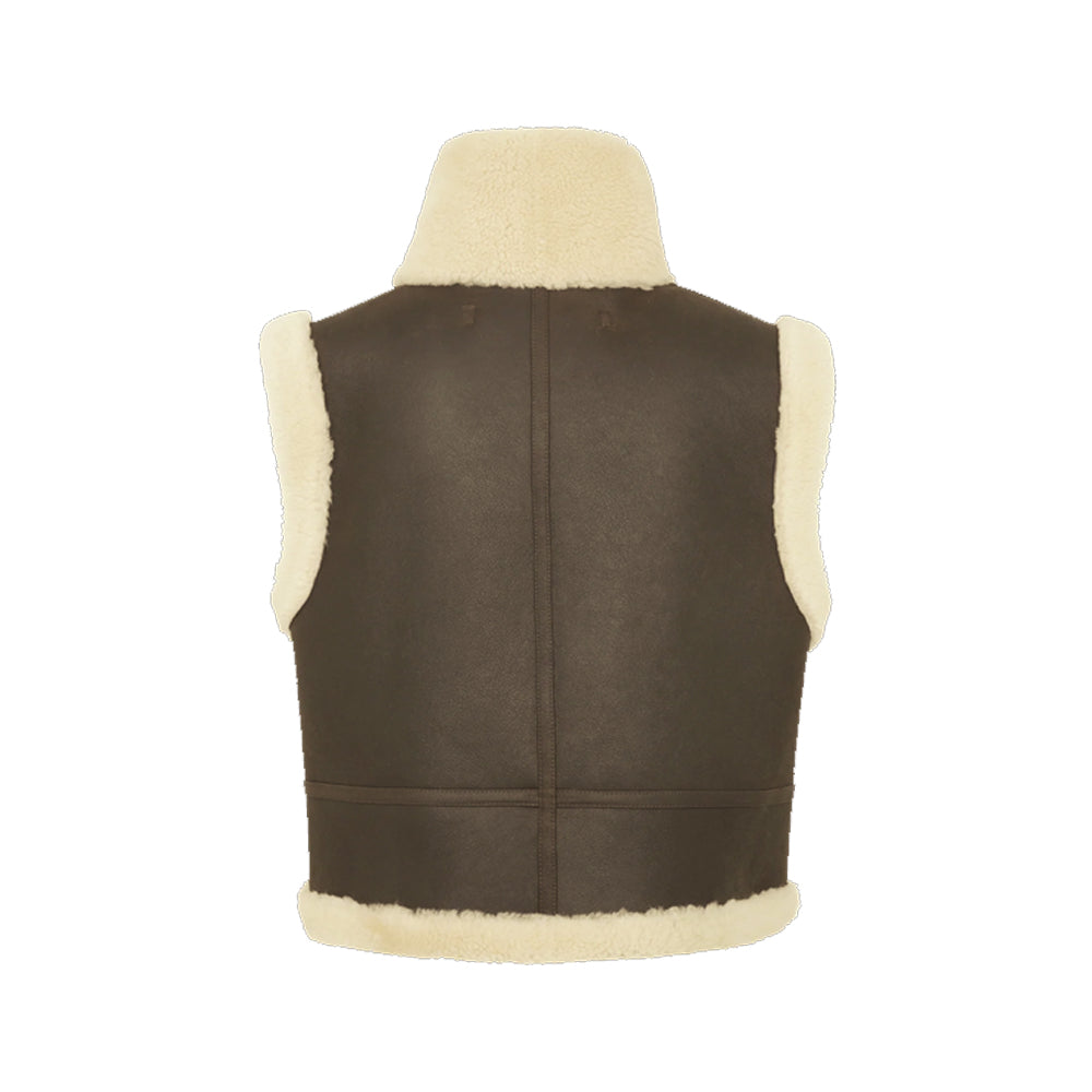 Product back of sleeveless brown shearling vest with vertical center and lower horizontal seams