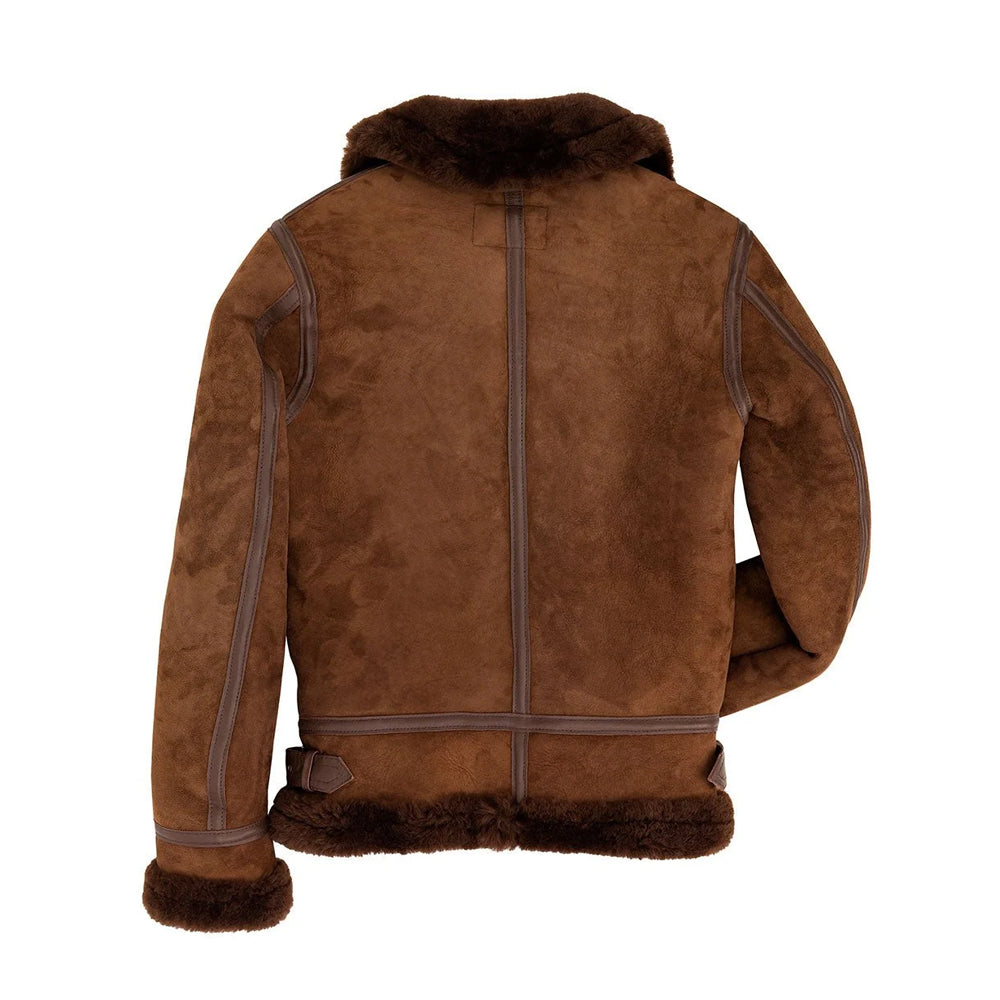 Back view of women’s brown sheepskin aviator jacket showing center leather welt, curved armhole binding, side adjusters and shearling hem.