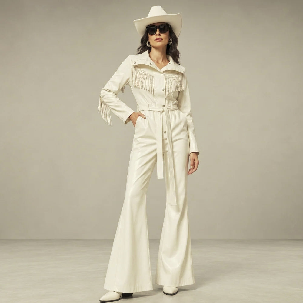 Full-length front view of a white leather fringe jumpsuit with a regular bodice, long sleeves and broad flared hems.
