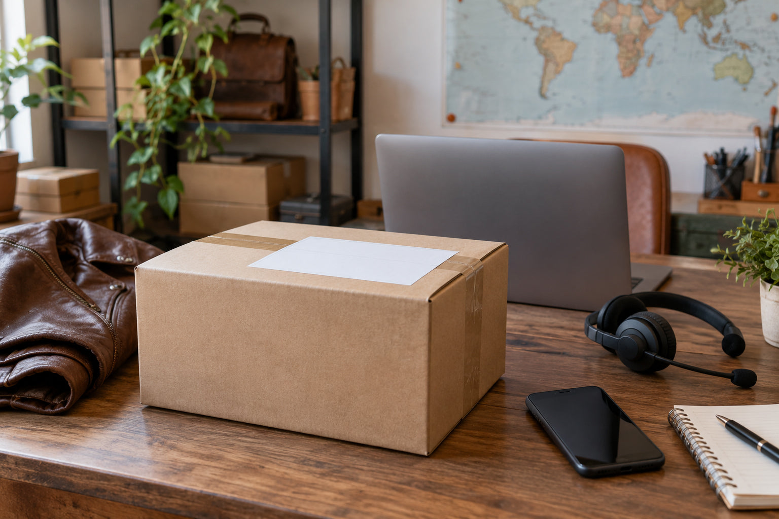 Worldwide leather jacket shipping parcel beside customer support equipment