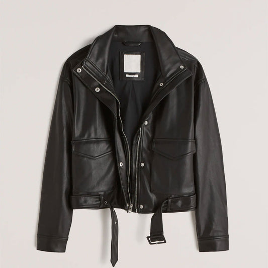New Women Zipper&Button Sheepskin Shearling Leather Black Motorbiker bomber jacket