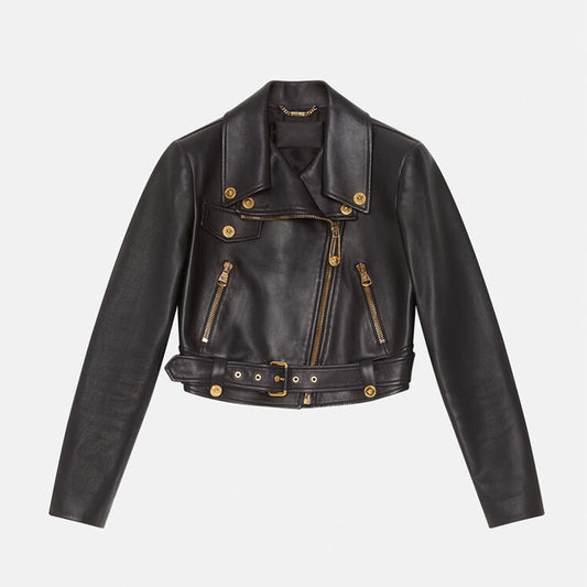Women's Black sheepskin Leather Motorcycle biker jacket