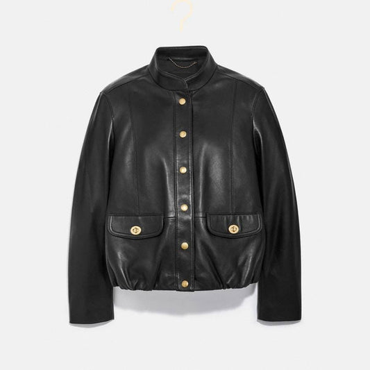Women Black Shearling Button Leather Motorbiker bomber jacket