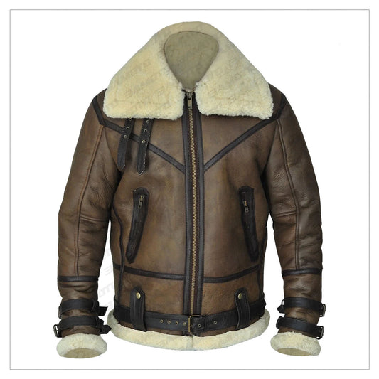 New Men Aviator Airforce B3 Bomber Fur Brown Shearling Leather Jacket
