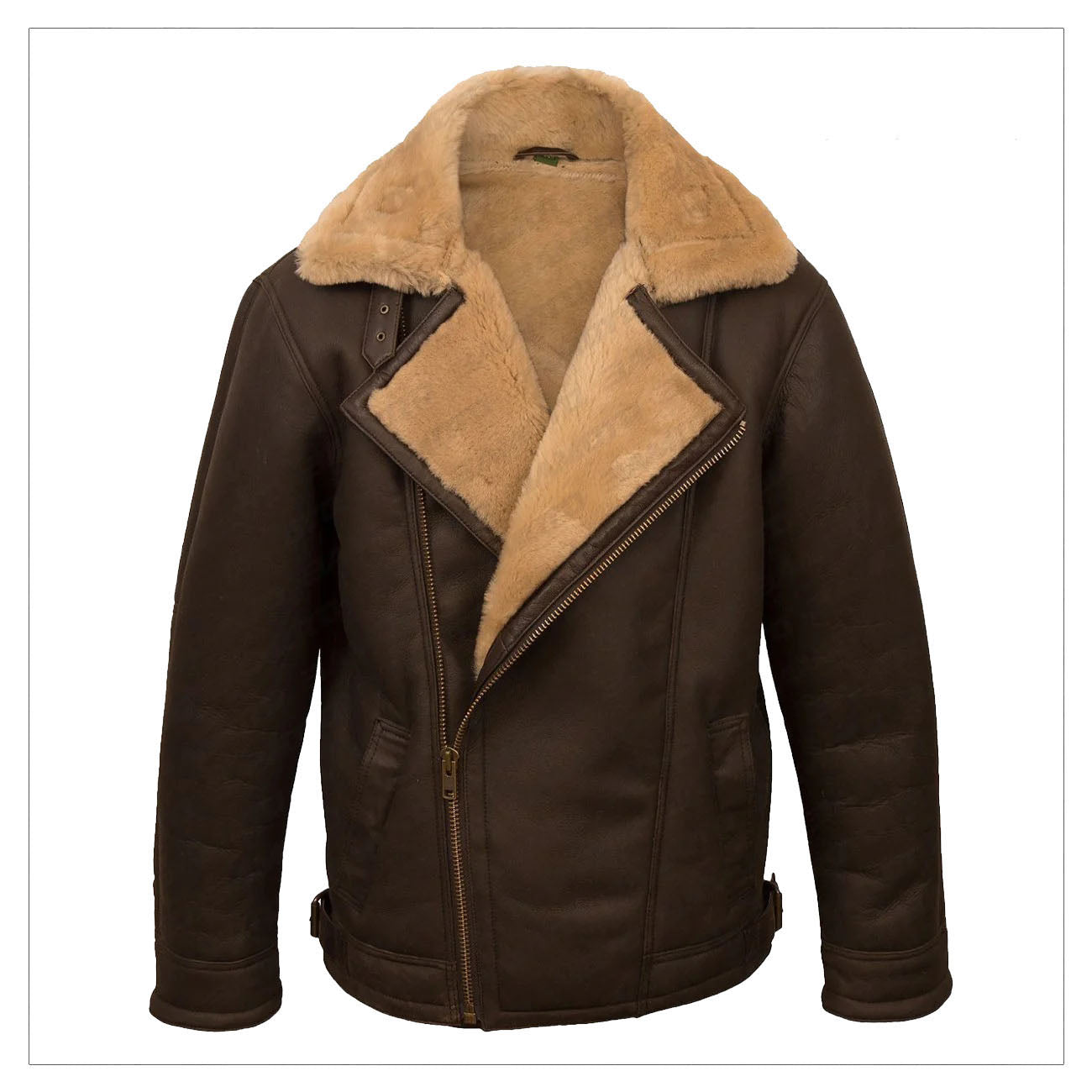 Men Sheepskin Aviator B3 Flight Bomber Fur Collar Brown Shearling Leather Jacket
