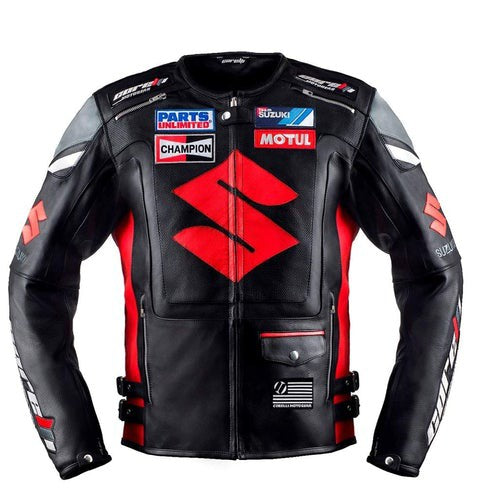 New Black Red Suzuki Motul Motorbike Leather Racing Jacket for Men