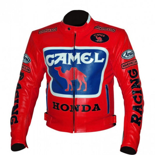 New Men Red Honda Camel Racing Leather Motorbike Jacket