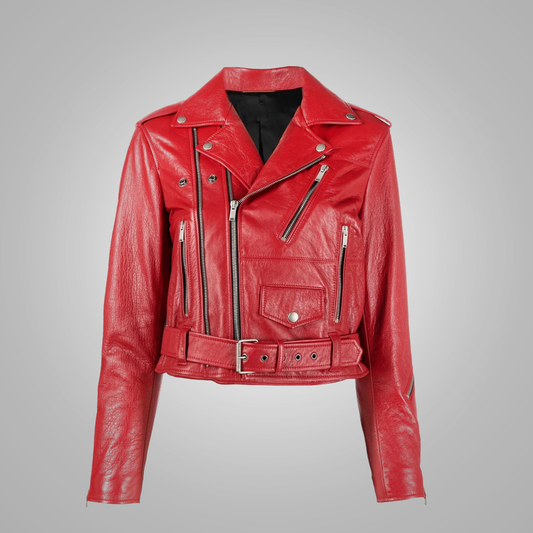 New Red Women Motorcycle Leather Sheepskin Biker Jacket