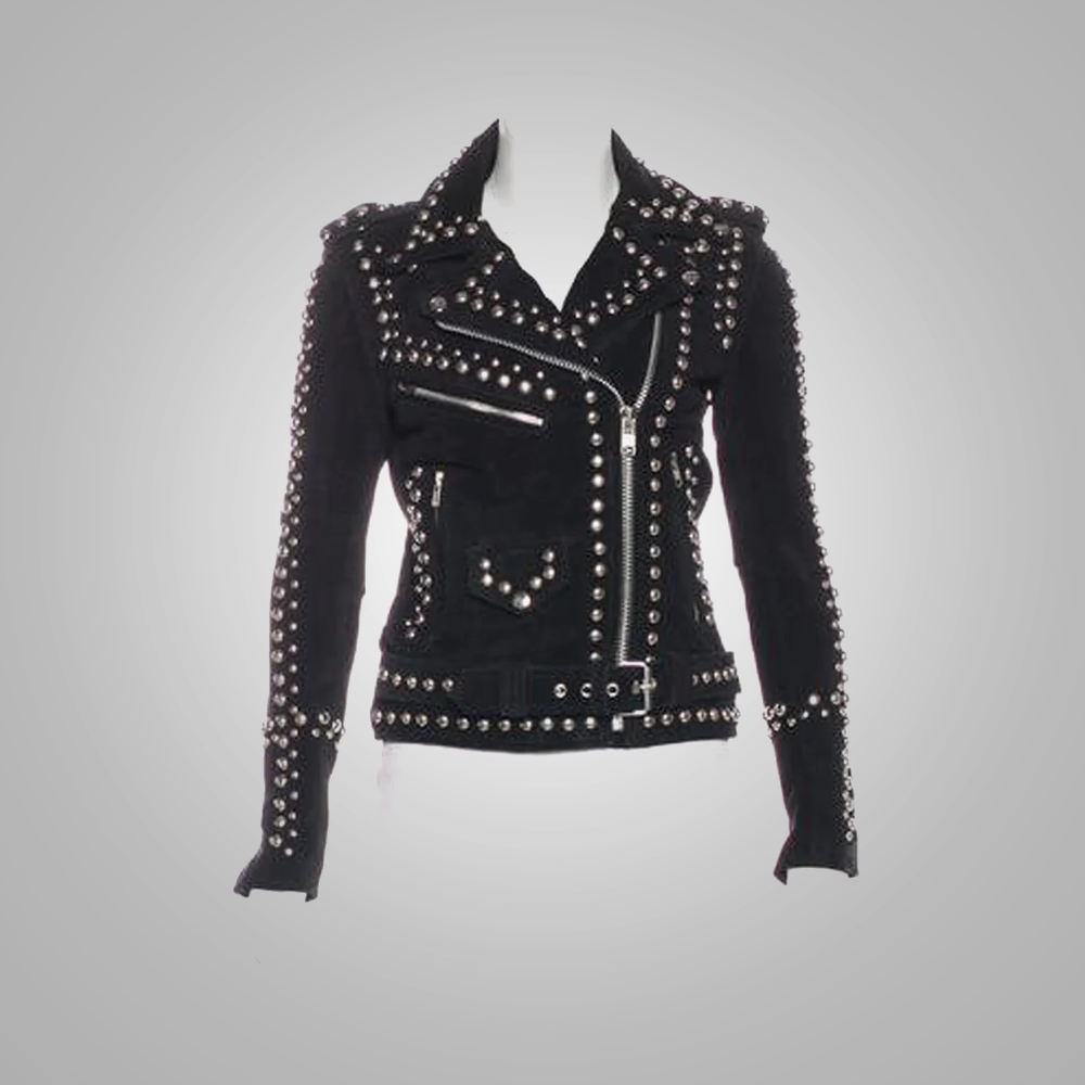 Women Black Leather Motorcycle Cowboy Spiked Studded Leather Jacket