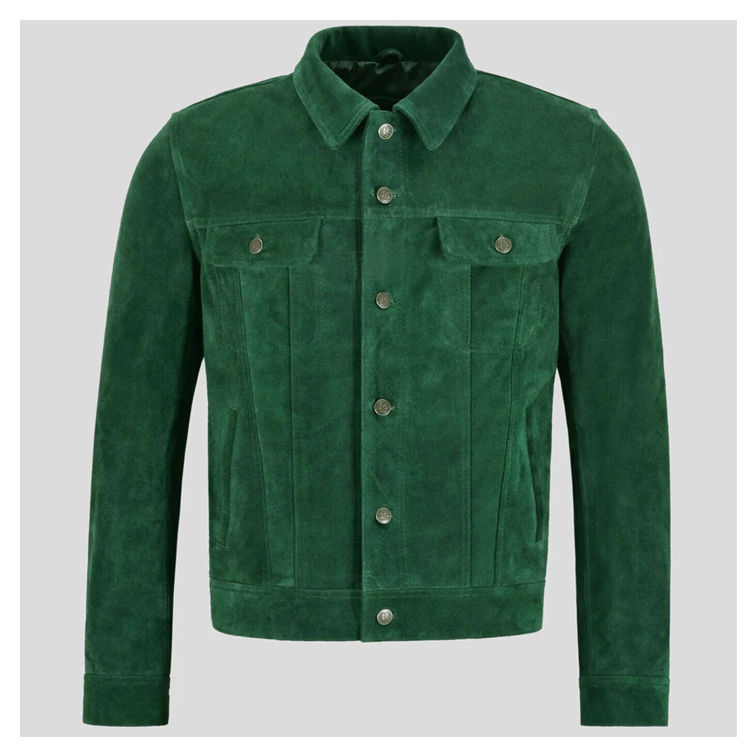 New Mens Green Sheepskin Trucker Style Suede Leather Trucker Jacket