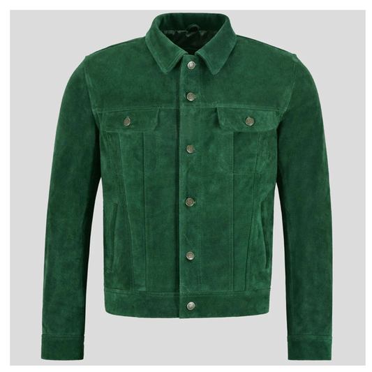 New Mens Green Sheepskin Trucker Style Suede Leather Trucker Jacket