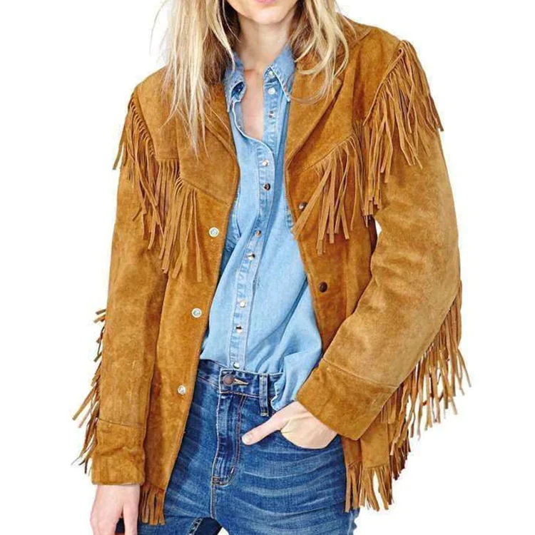 Women Western Suede Button Sheepskin Leather Long Fringed Coat