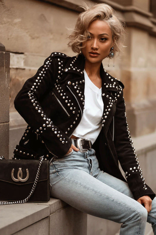 New Women Black Style Silver Spiked Studded Leather Jacket