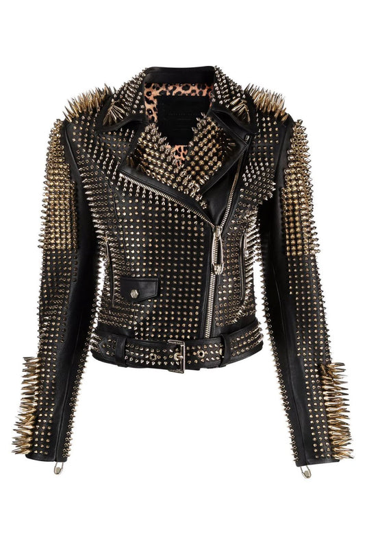 New Women Black Motorcycle style Silver Long Spiked Studded Leather Biker Jacket