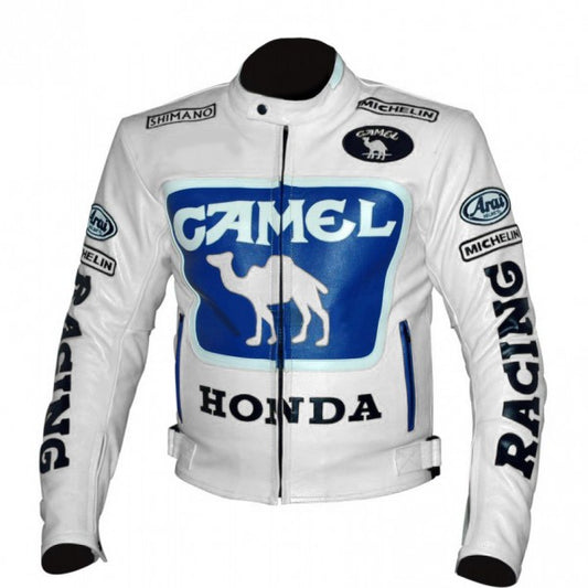 New White Men Honda Camel Racing Leather Motorcycle Jacket