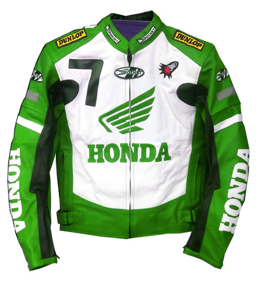 New Green and White Men Honda Camel Racing Leather Motorbike Jacket