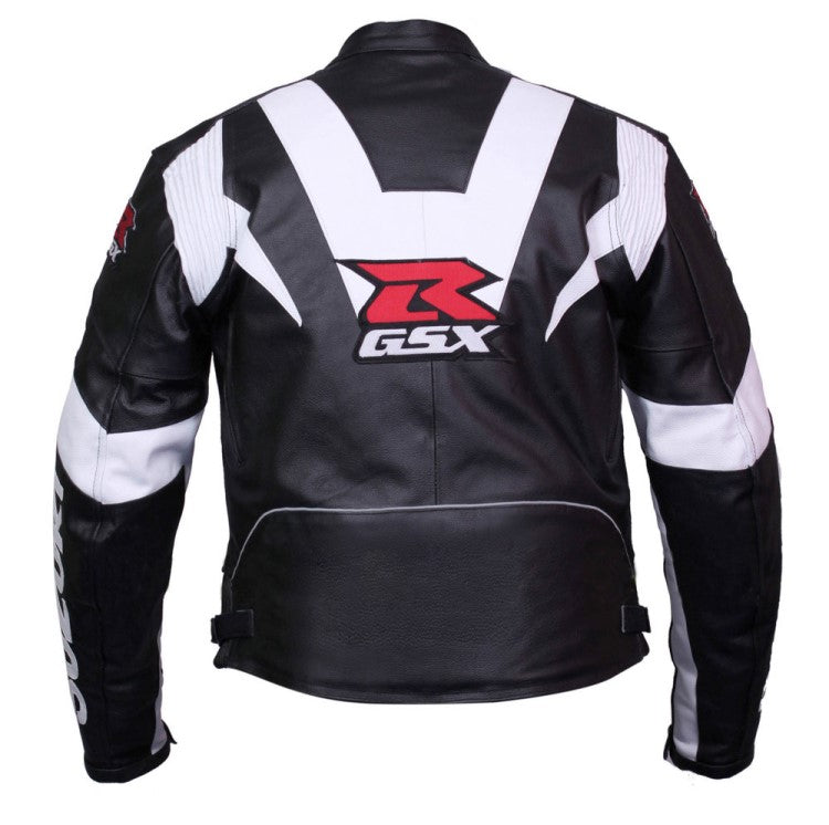 New Men Black and White Suzuki Motorcycle Leather Biker Jacket