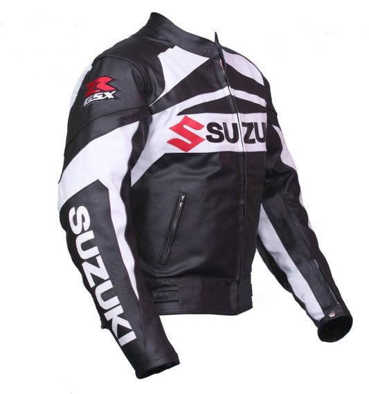 New Men Black And White Suzuki Motorcycle Biker Leather Jacket